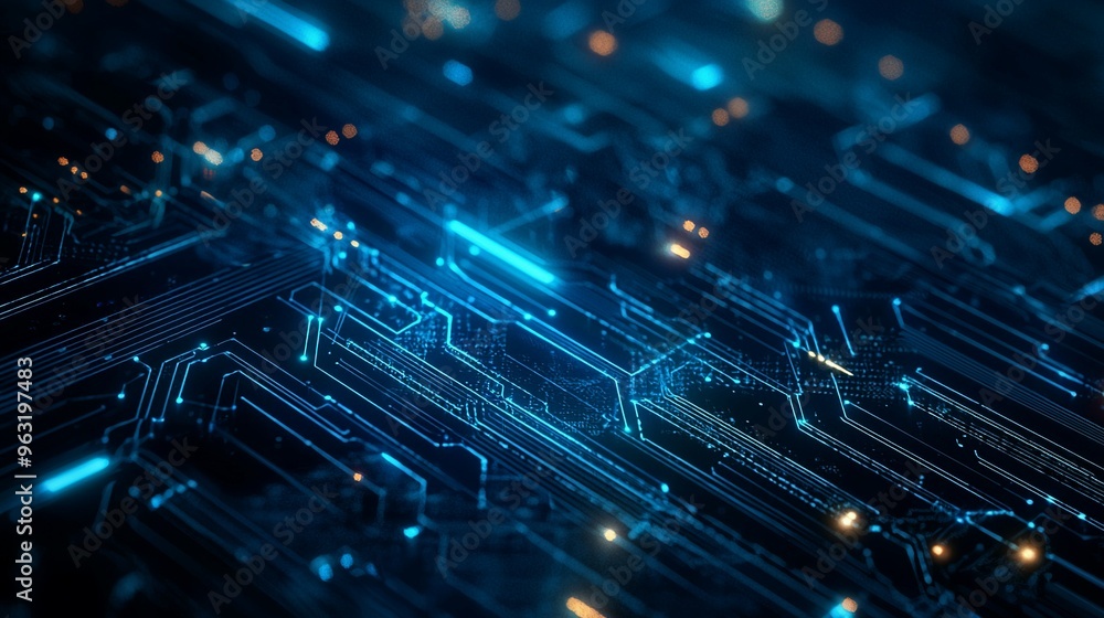 Poster illuminated blue circuit board with intricate electronic patterns
