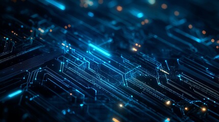 Illuminated blue circuit board with intricate electronic patterns