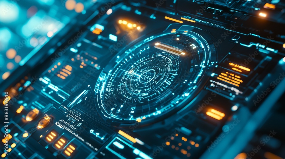 Poster close-up of high-tech holographic interface on a circuit board