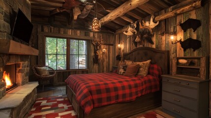 Rustic Cabin Bedroom with Fireplace