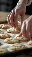 Hands arranging cookies on baking sheet