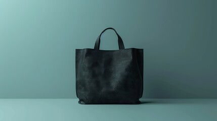 Black canvas women's shopper bag mockup on a blue-gray background. Minimal fashion accessory template for branding, online store presentation or product showcase with space for your logo or text.