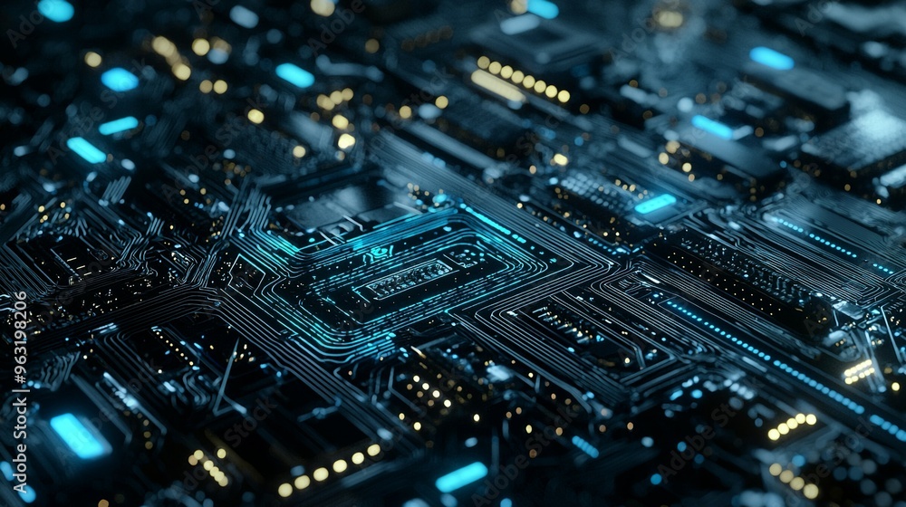 Aufkleber blue illuminated circuit board with intricate microchip design