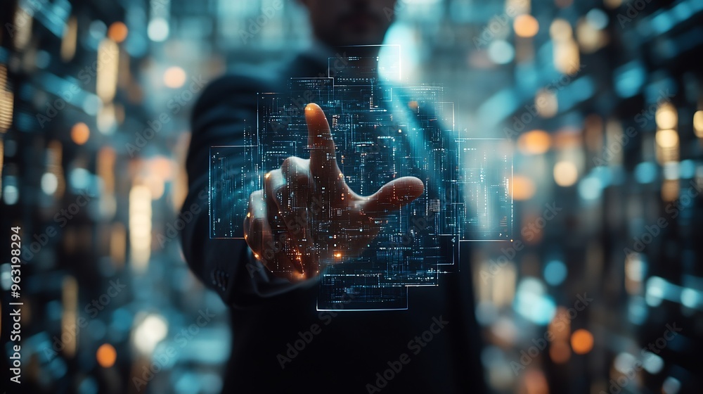 Aufkleber Businessman presenting futuristic business world metaverse graphic In the form of innovation in digital business processing technology innovation of the 21st century : Generative AI