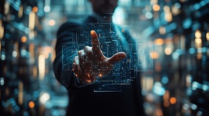 Businessman presenting futuristic business world metaverse graphic In the form of innovation in digital business processing technology innovation of the 21st century : Generative AI