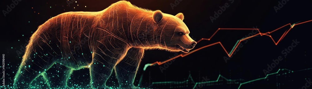 Poster a powerful bear symbolizing market decline, depicted with vibrant colors and a captivating graphic c