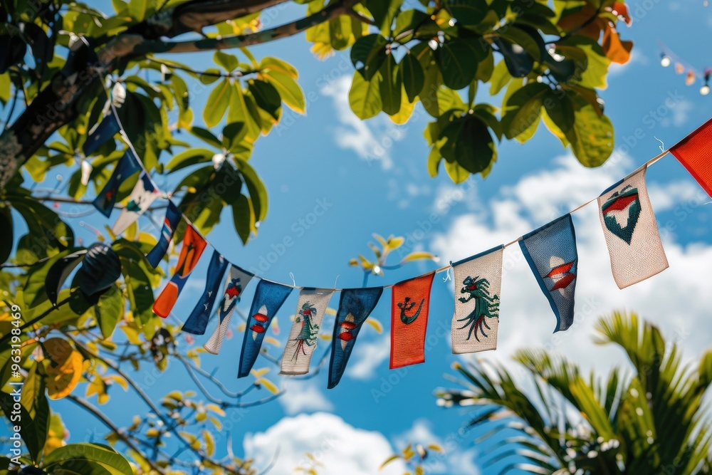 Wall mural b phoenix flag bunting, background with tree and sky, flag of belize, flag on rope, blue white red c