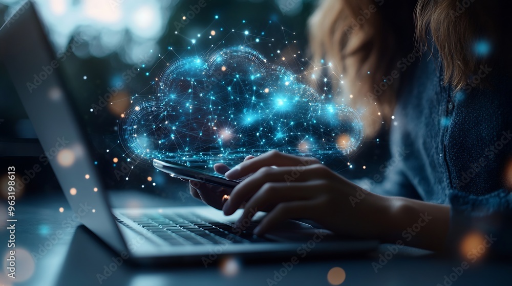 Poster Digital technology cloud computing concept Software engineer using mobile smart phone and laptop computer with global network connection Technology innovative and communication concept : Generative AI