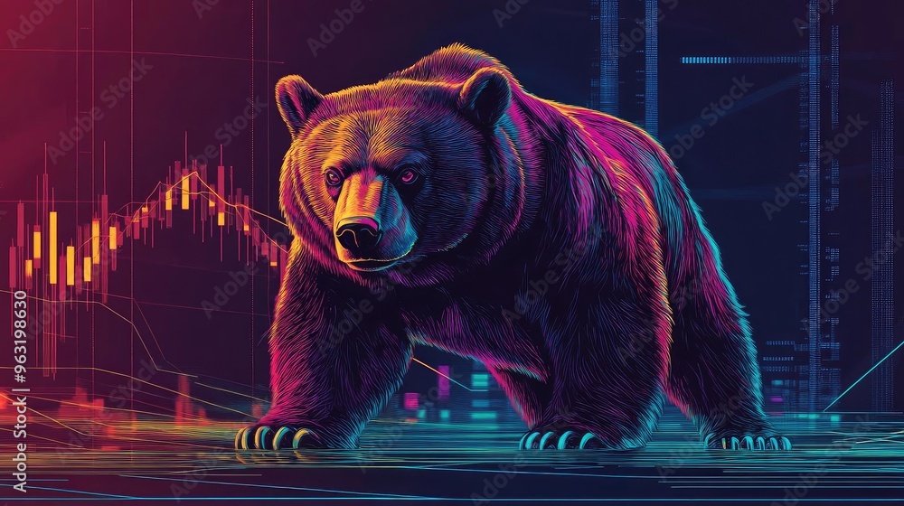 Poster A stylized bear in a vibrant tech environment, symbolizing strength and data analytics in modern business.