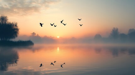 Fototapeta premium 97. A serene morning scene of birds flying over a calm, misty lake