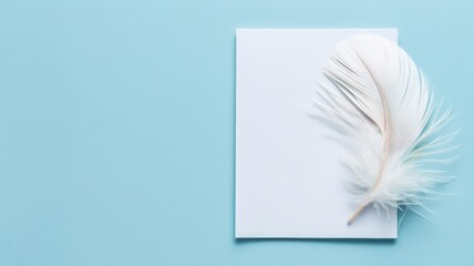 A serene flat lay of a pristine white feather beside a blank sheet of paper on a calming blue background for creative inspiration.