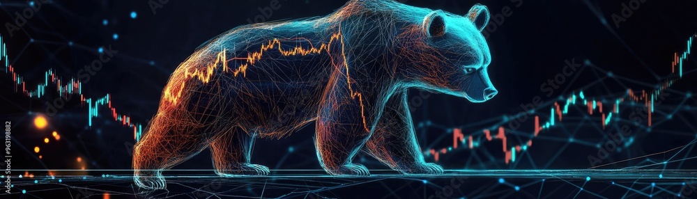 Poster a digital illustration of a bear symbolizing market decline, surrounded by abstract financial data a