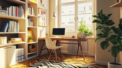 Elegant home office with large window view and natural light, featuring a minimalist desk setup, a plant in the corner, and a serene bookshelf. 