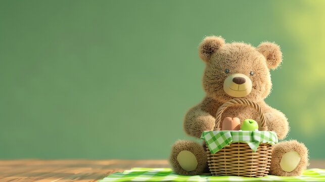 A brown teddy bear sits on a picnic blanket next to a basket filled with food.