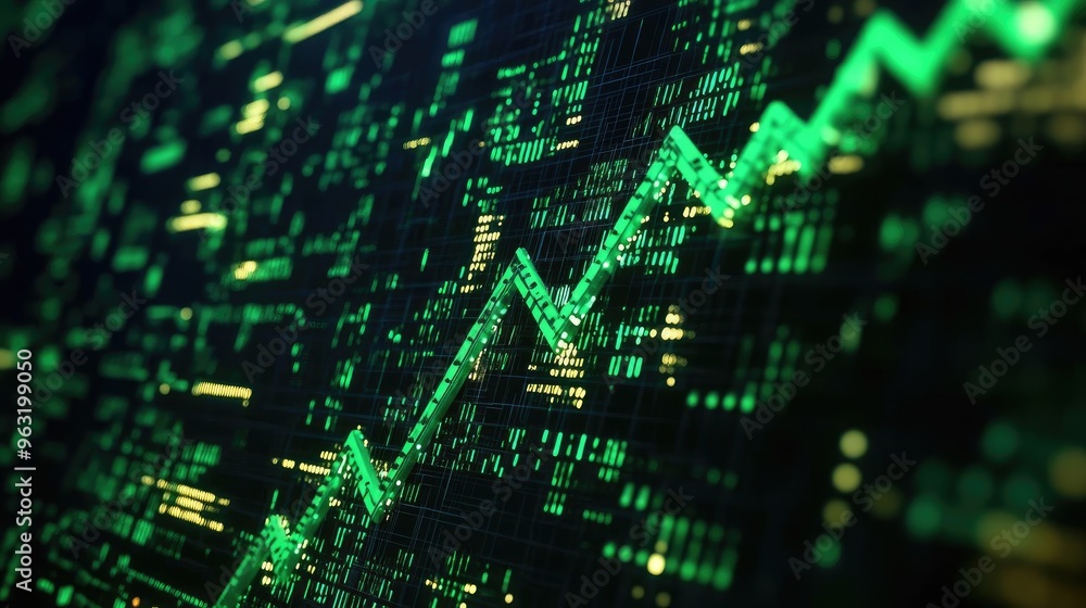 Poster A vibrant digital representation of market growth, featuring a green line graph symbolizing increasing trends and data insights.