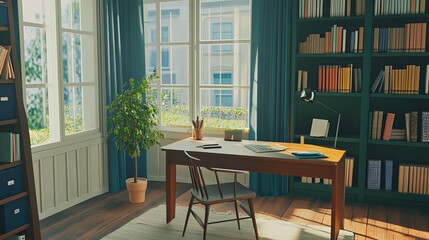 Obraz premium Elegant home office with large window view and natural light, featuring a minimalist desk setup, a plant in the corner, and a serene bookshelf. 