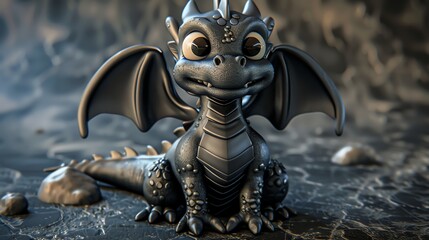 A 3D rendering of a small, cartoon dragon, with a black and silver body, sitting on a dark grey textured surface.