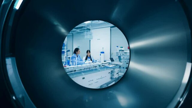 Immersive 360-degree video circling scientist at work, key light illuminating intricate experiment details as camera glides through state-of-the-art laboratory environment
