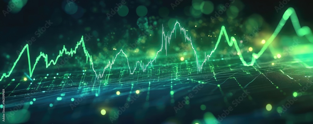 Poster Dynamic green data visualization displaying fluctuating graphs and charts showcasing trends and analysis in a digital format.