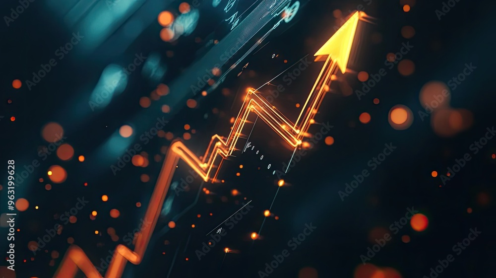 Poster Abstract digital graph showing upward trend with glowing lines and vibrant particles, symbolizing growth and progress.