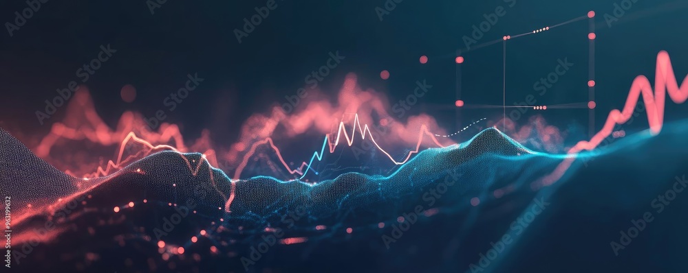 Poster Dynamic data visualization with vibrant lines representing analytics and trends in a digital landscape.