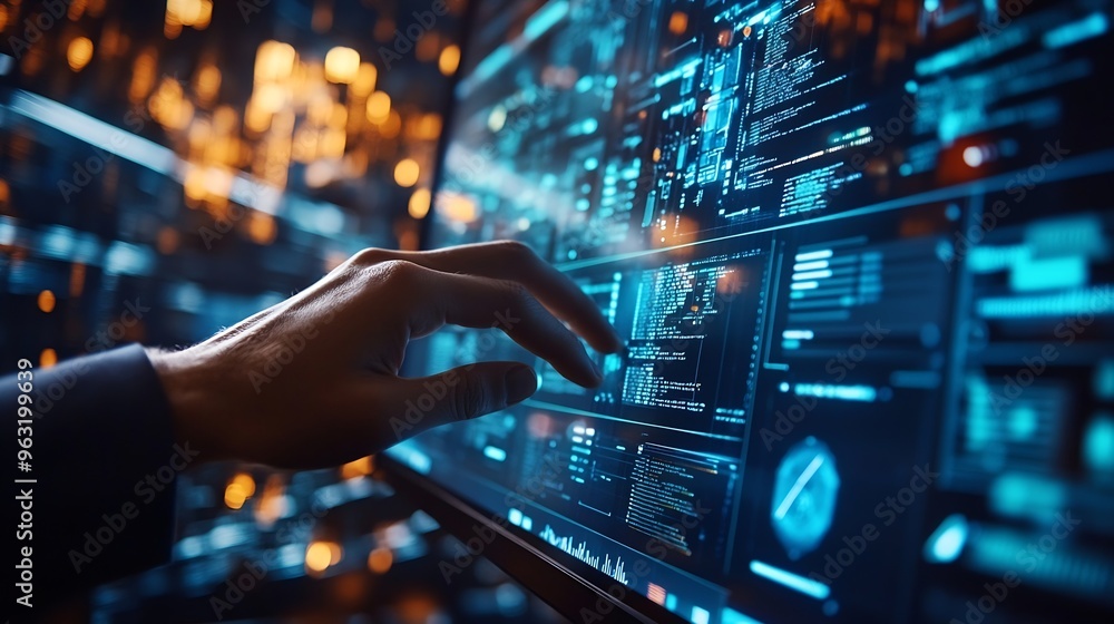 Fototapete Digital technology internet network connection big data digital marketing IoT Programmer coding on computer with smart city and internet network data accessing innovative technology ba : Generative AI
