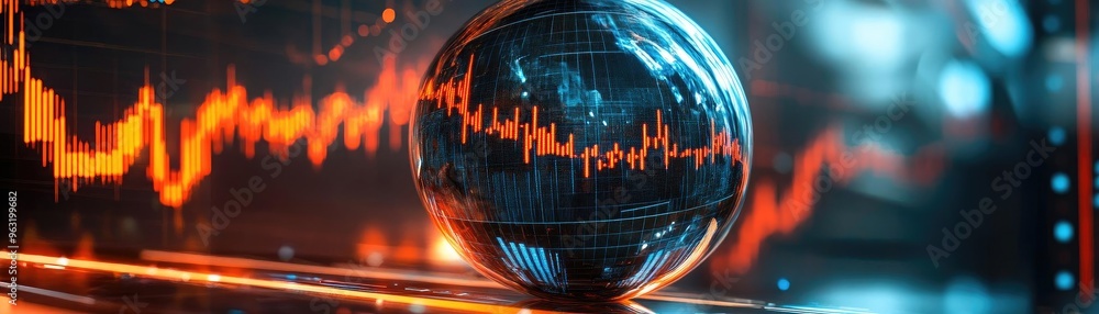 Poster a digital globe illuminated with vibrant colors, showcasing economic data trends and global markets.