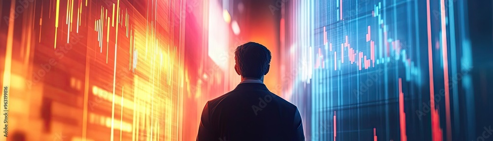 Poster A businessman stands in front of digital data, symbolizing innovation and technology in modern finance and analytics.
