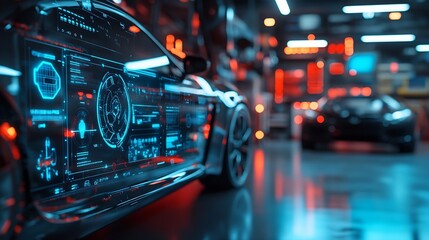 EV electric vehicle technology industry concept futuristic virtual graphic touch user interface on screen with auto repair garage blurred on background : Generative AI