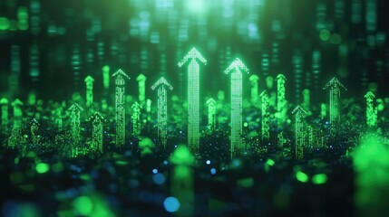 Fototapeta premium Illustration of glowing green arrows rising in a digital landscape, symbolizing growth and progress in technology and finance.