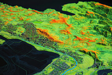 Technical aerial visual, 3D LiDAR GIS aerial map satellite scan model isolated, showing Pyongyang, North Korea. Elevation, topography, render