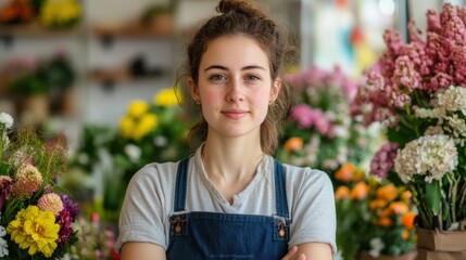 Young female florist with bun hairstyle smiling among bouquets and floral arrangements in modern flower shop. Concept of femininity and artisan spirit