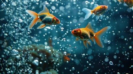 Fototapeta premium Goldfish swimming in a deep blue ocean with bubbles and coral. Concept Underwater, Goldfish, Ocean, Bubbles, Coral