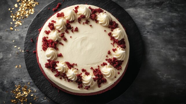 High-resolution top view of a decadent red velvet cake with cream cheese frosting and a touch of edible gold flakes, emphasizing its luxurious presentation.