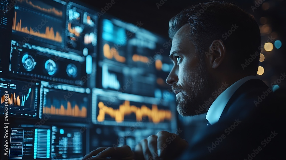 Poster Businessman using analytics data KPI technology and data management system Corporate strategy for finance operations sales marketing : Generative AI