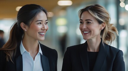 Successful female executives discuss their goals and plans as they walk together in an office Two business women smile happily while working together in a professional setting : Generative AI