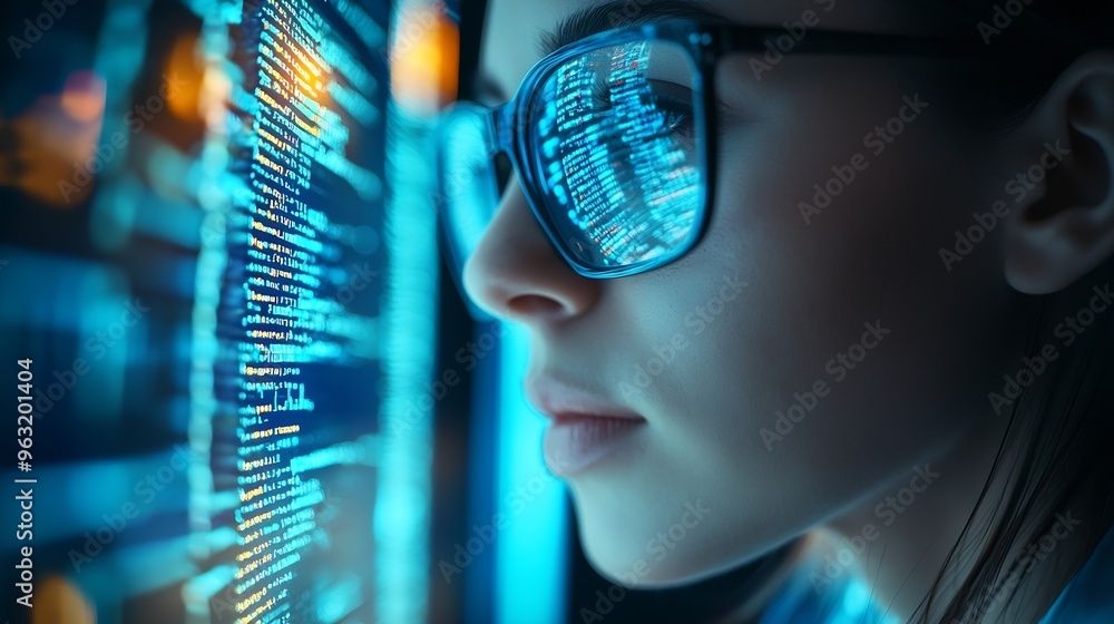 Fototapete Software coding hologram and woman in data analytics information technology and gdpr overlay Programmer or IT person in glasses reading script programming and cybersecurity research on : Generative AI