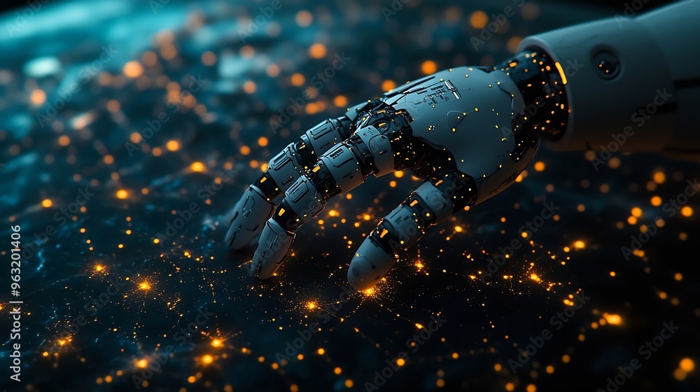 Aufkleber Robot hand with network connection on earth Artificial intelligence and digital technology connection internet big data analytics and business concepts ecommerce social networking AI : Generative AI