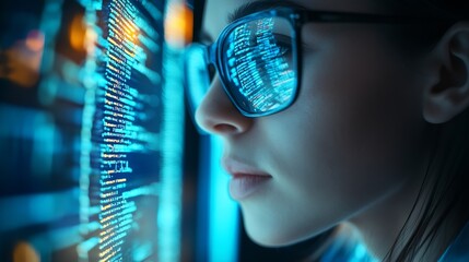 Software coding hologram and woman in data analytics information technology and gdpr overlay Programmer or IT person in glasses reading script programming and cybersecurity research on : Generative AI