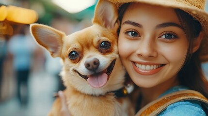 Asian woman playing with her chihuahua dog in cafe at pets friendly shopping mall Domestic dog and owner have fun outdoor lifestyle travel city on summer holiday vacation Pet Humanizat : Generative AI