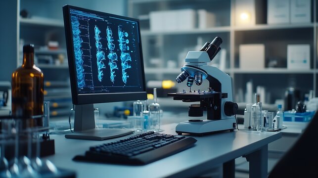 Empty room and microscope with computer in laboratory for medical workspace science and innovation for research breakthrough Interior equipment and desktop with technology for experime : Generative AI
