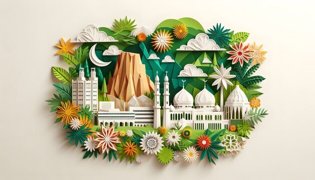 illustration in paper-cut style on Nigerian culture, traditional Nigerian attire, Zuma Rock and the National Mosque. Celebration of National Independence Day of Nigeria.