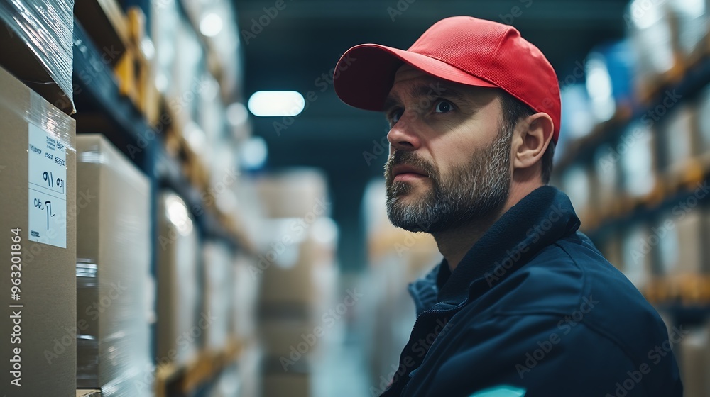 Poster Warehouseman checking delivery stock in warehouse on computer pc Warehouse manager using warehouse management software app : Generative AI