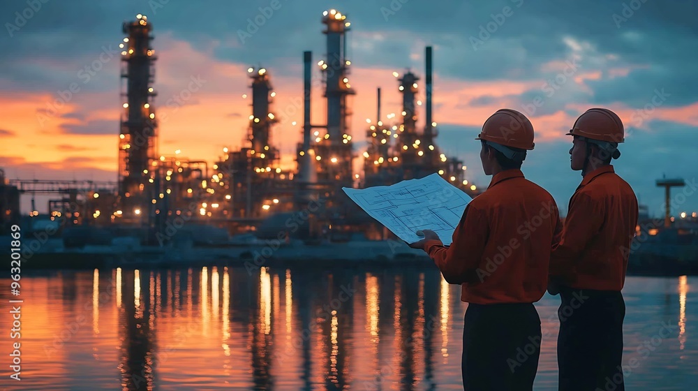 Aufkleber Engineer survey team wear uniform and helmet stand workplace checking blueprint project  radio communication and engineer box inspection work construction site with oil refinery backgr : Generative AI