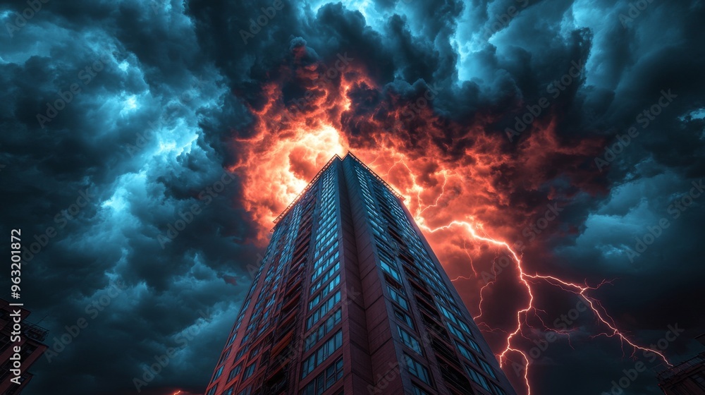 Poster high-resolution view of lightning striking a tall building during a summer thunderstorm, with dramat