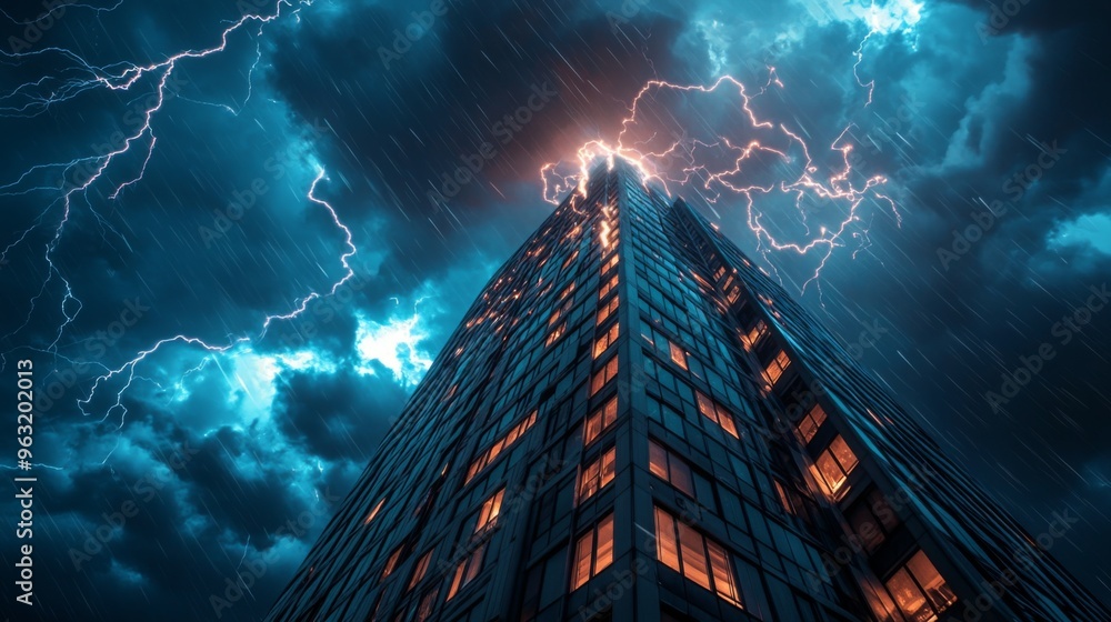 Poster High-resolution view of lightning striking a tall building during a summer thunderstorm, with dramatic illumination and stormy clouds overhead.