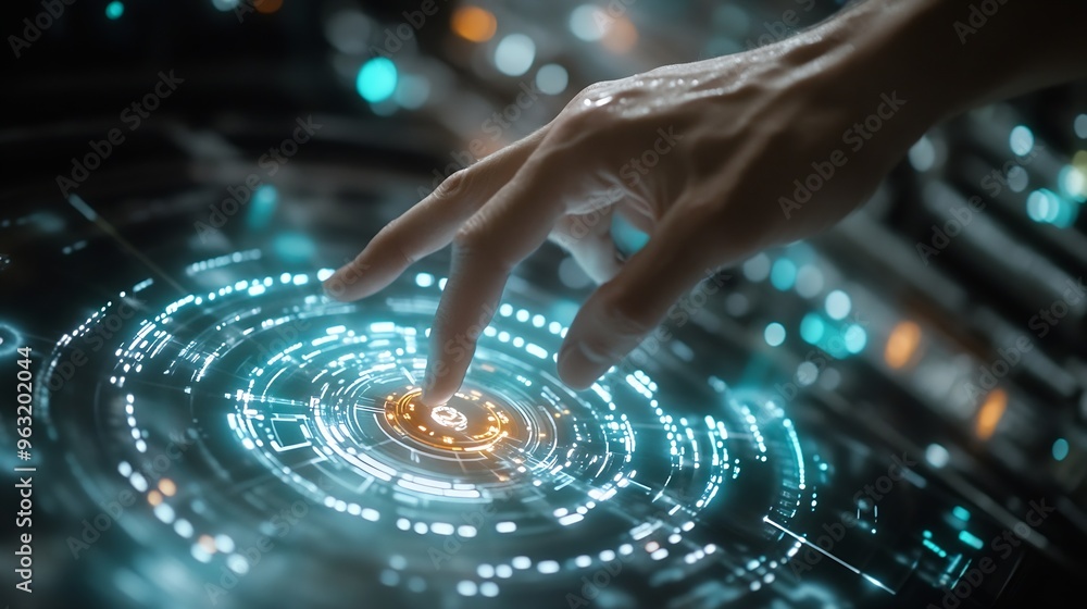 Poster Hand touching abstract network circle technology structure Innovation networking future worldwide global concept : Generative AI