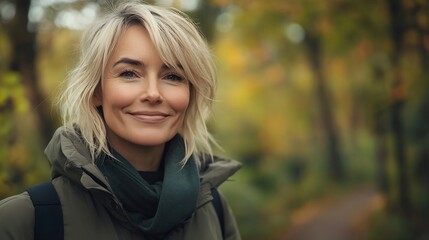 Naklejka premium Smiling cheerful beautiful blonde caucasian mature woman looking at the camera while walking in city public forest wood park : Generative AI