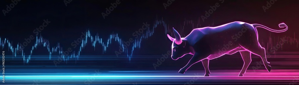 Poster a dynamic illustration of a bull representing market growth with vibrant colors and digital graphs i