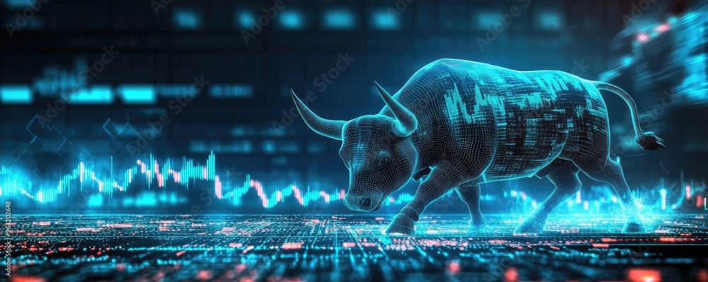 Poster a digital bull symbolizes rising market trends with vibrant charts and data visualizations. ideal fo